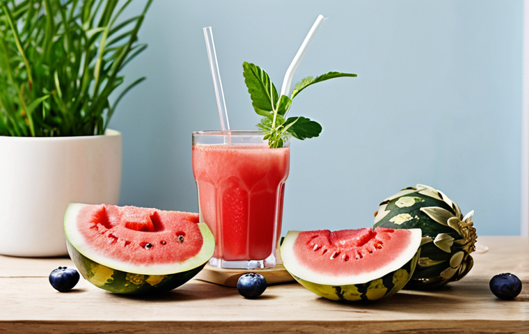 **

A vibrant and refreshing scene showcasing healthy drinks for kidney health. In the foreground, feature a glass of fresh watermelon juice, a cup of herbal tea (chamomile or artichoke), and a bottle of pure water. Background elements could include fresh fruits like watermelon, strawberries, and blueberries, along with some herbs. The overall style should be bright, clean, and inviting, emphasizing the natural and healthy qualities of the beverages. Avoid sugary drinks and sodas.

**