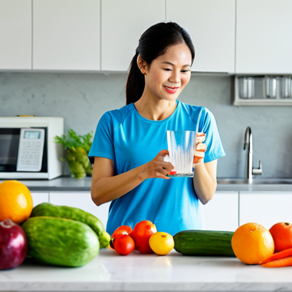 A professional Vietnamese woman in her 30s, wearing modest, comfortable activewear, stands in a brightly lit, modern kitchen, gently pouring water from a pitcher into a clear glass. Fresh, colorful fruits and vegetables are neatly arranged on the counter. Her expression is calm and healthy, reflecting a commitment to well-being. The scene is clean and inviting. fully clothed, appropriate attire, safe for work, perfect anatomy, correct proportions, natural pose, well-formed hands, proper finger count, natural body proportions, professional photography, high quality, family-friendly content.