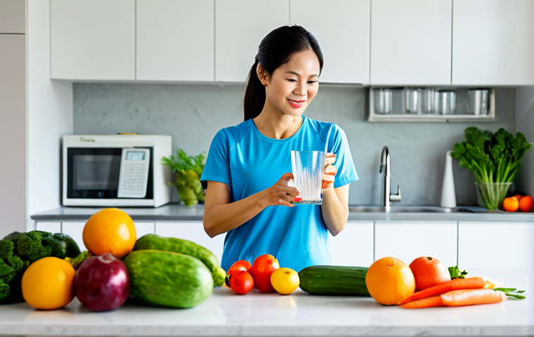 A professional Vietnamese woman in her 30s, wearing modest, comfortable activewear, stands in a brightly lit, modern kitchen, gently pouring water from a pitcher into a clear glass. Fresh, colorful fruits and vegetables are neatly arranged on the counter. Her expression is calm and healthy, reflecting a commitment to well-being. The scene is clean and inviting. fully clothed, appropriate attire, safe for work, perfect anatomy, correct proportions, natural pose, well-formed hands, proper finger count, natural body proportions, professional photography, high quality, family-friendly content.