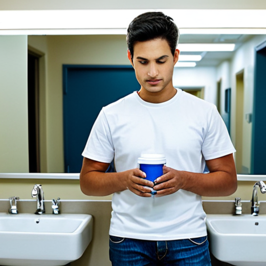 Medical Clinic - Patient Providing Urine Sample**

"A man in his late 20s, fully clothed in a T-shirt and jeans, standing in a clean and modern medical clinic restroom. He is carefully holding a sterile sample cup. The background shows a clean sink, mirror, and medical disposal container. Natural lighting, professional photography, perfect anatomy, correct proportions, well-formed hands, proper finger count, safe for work, appropriate content, fully clothed, professional setting, family-friendly."

**