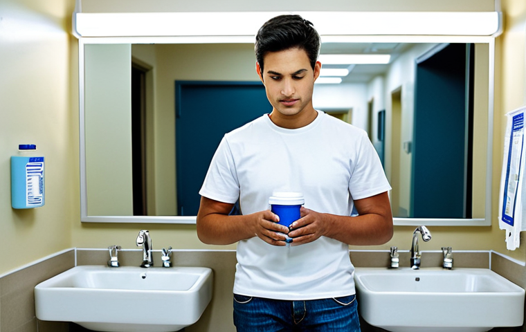 Medical Clinic - Patient Providing Urine Sample**

"A man in his late 20s, fully clothed in a T-shirt and jeans, standing in a clean and modern medical clinic restroom. He is carefully holding a sterile sample cup. The background shows a clean sink, mirror, and medical disposal container. Natural lighting, professional photography, perfect anatomy, correct proportions, well-formed hands, proper finger count, safe for work, appropriate content, fully clothed, professional setting, family-friendly."

**