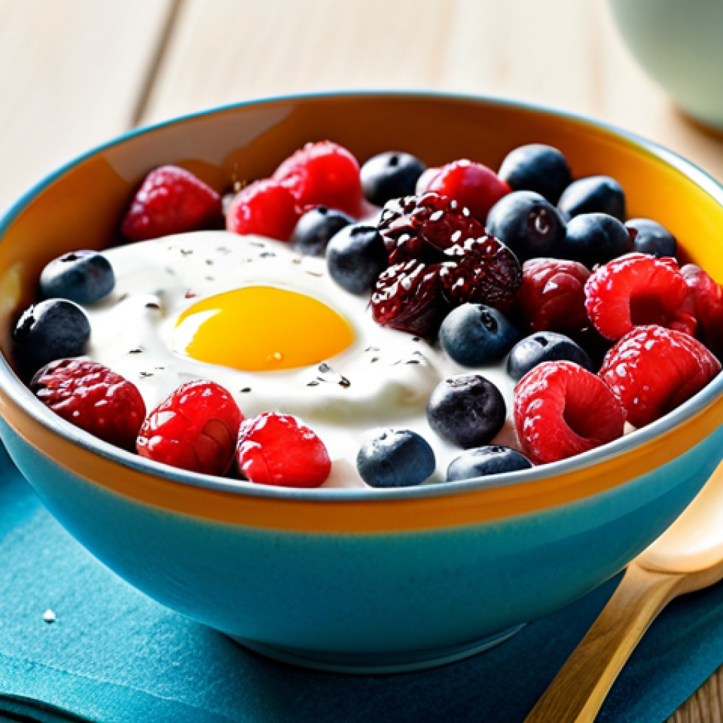 Fruit & Yogurt Bowl**

A vibrant bowl filled with mixed berries (cranberries, blueberries, raspberries), topped with plain yogurt, and a sprinkle of chia seeds. A glass of fresh orange juice is beside the bowl. The scene is brightly lit, suggesting a healthy breakfast setting in a modern Vietnamese kitchen. Focus on the colors and textures of the food. "Safe for work, appropriate content, fully clothed, modest, family-friendly, professional food photography, perfect anatomy (of the food), natural proportions, high quality."

**