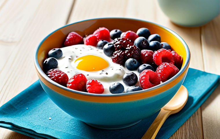 Fruit & Yogurt Bowl**

A vibrant bowl filled with mixed berries (cranberries, blueberries, raspberries), topped with plain yogurt, and a sprinkle of chia seeds. A glass of fresh orange juice is beside the bowl. The scene is brightly lit, suggesting a healthy breakfast setting in a modern Vietnamese kitchen. Focus on the colors and textures of the food. "Safe for work, appropriate content, fully clothed, modest, family-friendly, professional food photography, perfect anatomy (of the food), natural proportions, high quality."

**