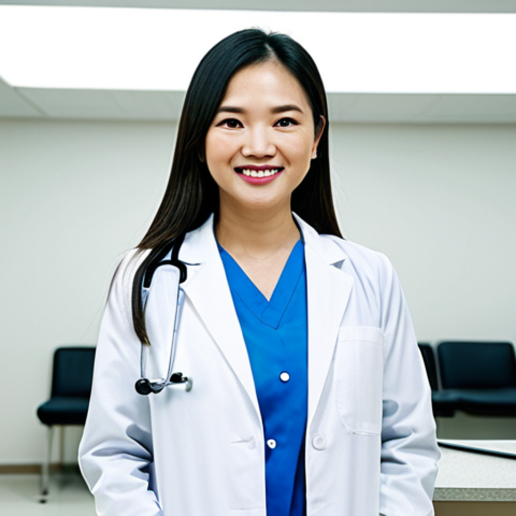 ** A confident Vietnamese doctor in a professional white coat, stethoscope around their neck, smiling reassuringly at the camera. They are standing in a modern, well-lit clinic. Fully clothed, appropriate attire, safe for work, perfect anatomy, natural proportions, professional medical photography, high quality, modest.

**