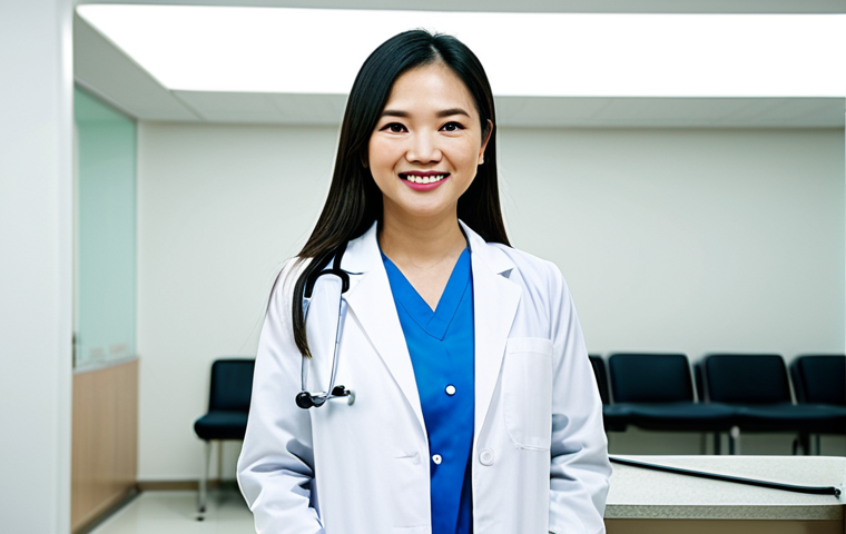 ** A confident Vietnamese doctor in a professional white coat, stethoscope around their neck, smiling reassuringly at the camera. They are standing in a modern, well-lit clinic. Fully clothed, appropriate attire, safe for work, perfect anatomy, natural proportions, professional medical photography, high quality, modest.

**