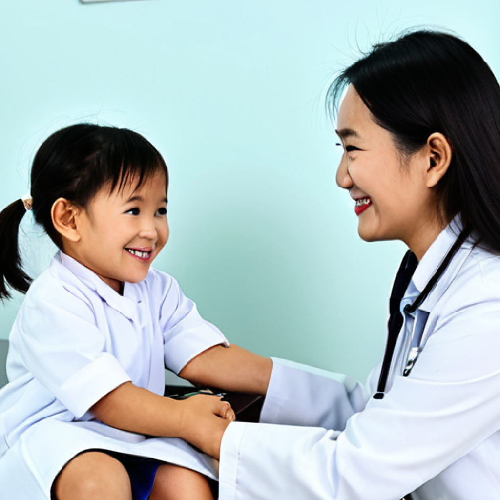 **

A professional Vietnamese doctor, fully clothed in a white coat, smiling warmly at a child patient (also fully clothed). The setting is a bright and modern clinic in Ho Chi Minh City. The image should evoke trust and competence. Perfect anatomy, correct proportions, well-formed hands, natural pose, appropriate content, safe for work, family-friendly, professional.

**