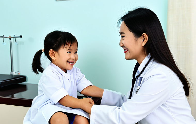 **

A professional Vietnamese doctor, fully clothed in a white coat, smiling warmly at a child patient (also fully clothed). The setting is a bright and modern clinic in Ho Chi Minh City. The image should evoke trust and competence. Perfect anatomy, correct proportions, well-formed hands, natural pose, appropriate content, safe for work, family-friendly, professional.

**