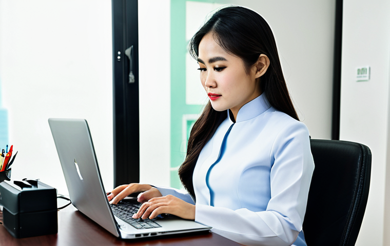 A Vietnamese businesswoman in a tailored ao dai, working on a laptop at a modern desk in a Ho Chi Minh City office, fully clothed, appropriate attire, safe for work, perfect anatomy, natural proportions, professional photography, high quality.