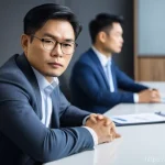 요도협착과 잦은 배뇨의 관계 - **Prompt:** A subtly uncomfortable Vietnamese man in his late 30s, dressed in business casual attire...