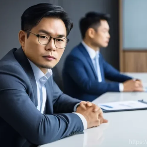 요도협착과 잦은 배뇨의 관계 - **Prompt:** A subtly uncomfortable Vietnamese man in his late 30s, dressed in business casual attire...