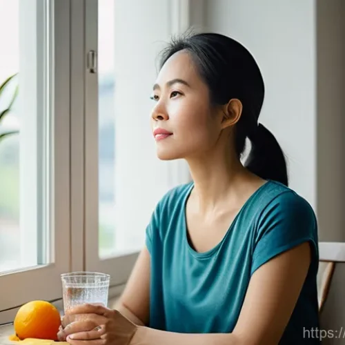 비뇨기과에서 시행하는 초음파 검사 - A serene and thoughtful portrait of a Vietnamese woman in her late 30s, sitting by a sunlit window i...