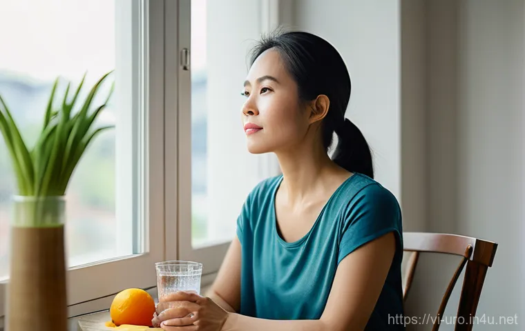비뇨기과에서 시행하는 초음파 검사 - A serene and thoughtful portrait of a Vietnamese woman in her late 30s, sitting by a sunlit window i...