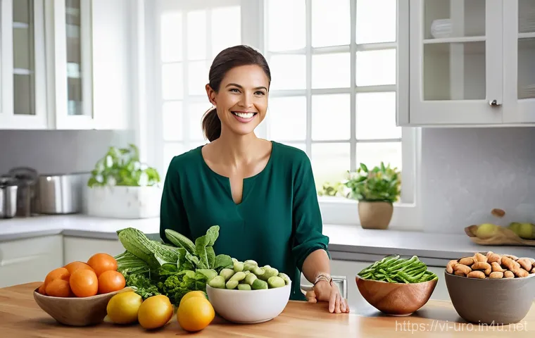 소변 잔뇨감을 줄이는 생활 습관 - **Prompt 1: Healthy Eating for Bladder Wellness**
    "A bright, naturally lit kitchen scene featuri...