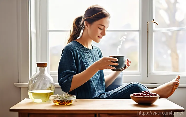 소변 잔뇨감을 줄이는 생활 습관 - **Prompt 2: Mindful Movement and Stress Relief**
    "A peaceful and serene indoor setting, possibly...