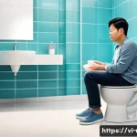 소변에서 거품이 보이는 원인 - A detailed medical illustration showing a Vietnamese adult male in casual home clothing, sitting on ...