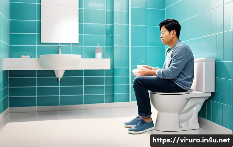 소변에서 거품이 보이는 원인 - A detailed medical illustration showing a Vietnamese adult male in casual home clothing, sitting on ...