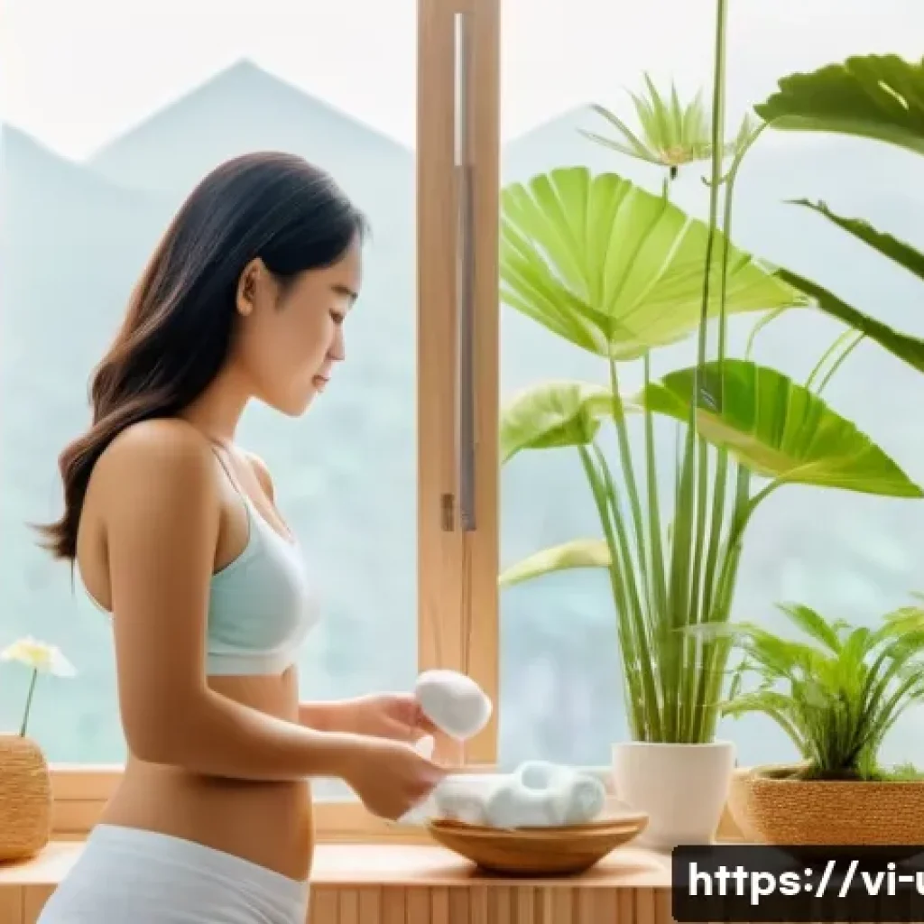 성병 예방을 위한 생활 습관 - A clean and bright Vietnamese bathroom scene showing a young adult woman gently washing her intimate...