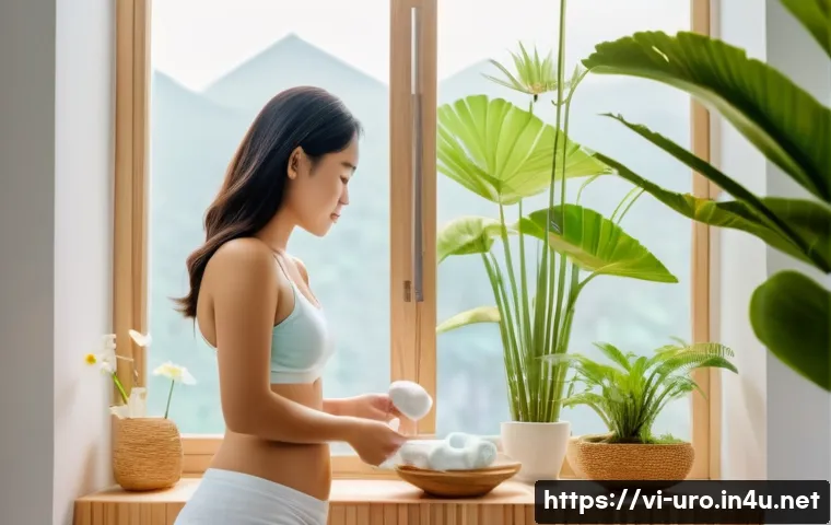 성병 예방을 위한 생활 습관 - A clean and bright Vietnamese bathroom scene showing a young adult woman gently washing her intimate...