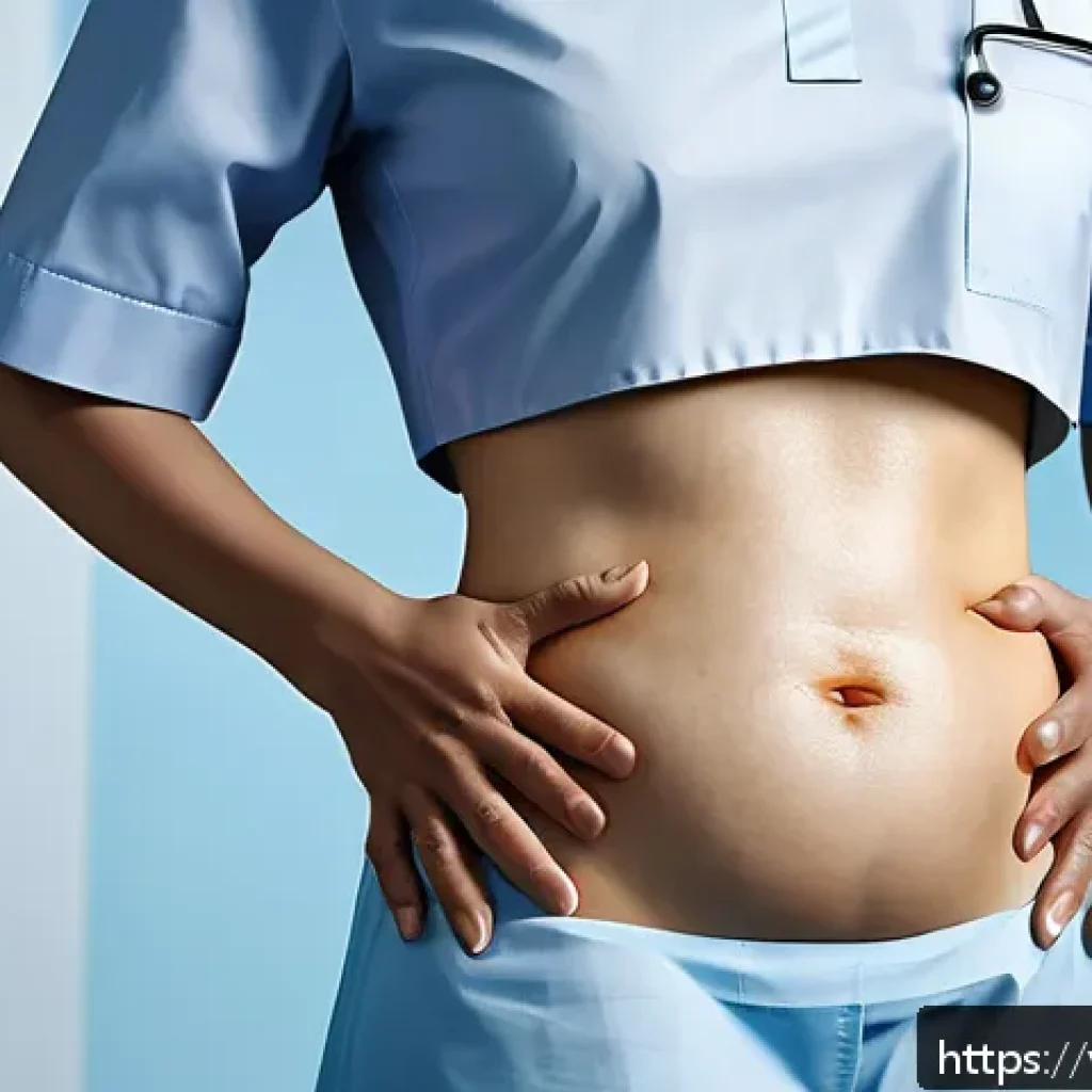 비뇨기 질환으로 인한 만성 통증 - A detailed medical illustration showing the lower abdominal area of a middle-aged Vietnamese woman e...