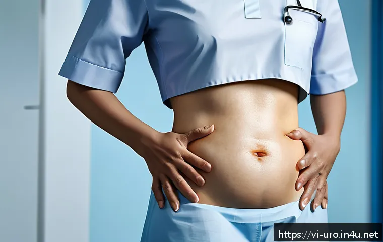 비뇨기 질환으로 인한 만성 통증 - A detailed medical illustration showing the lower abdominal area of a middle-aged Vietnamese woman e...