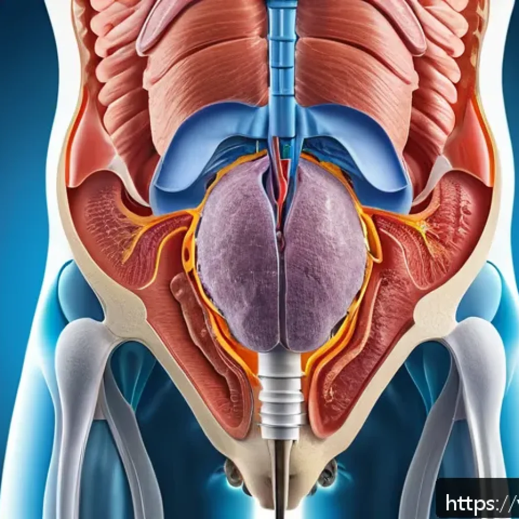 전립선 비대증 초기 증상과 진단 - A detailed medical illustration showing the anatomy of the male lower abdomen focusing on the prosta...