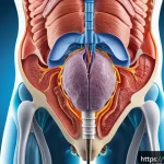전립선 비대증 초기 증상과 진단 - A detailed medical illustration showing the anatomy of the male lower abdomen focusing on the prosta...