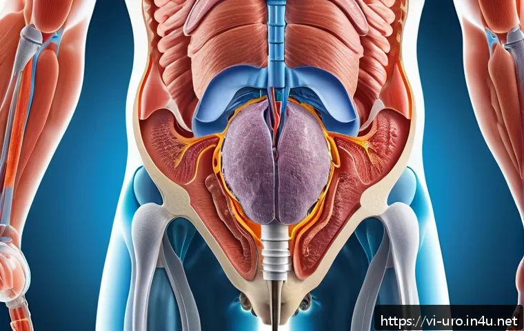 전립선 비대증 초기 증상과 진단 - A detailed medical illustration showing the anatomy of the male lower abdomen focusing on the prosta...