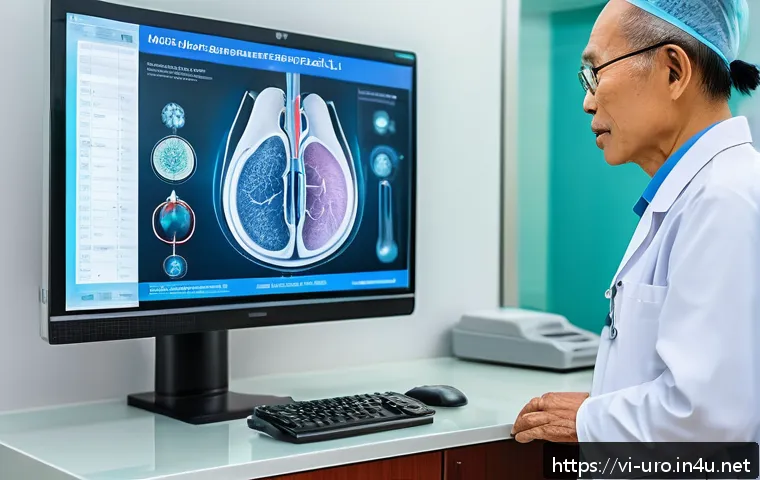 전립선 비대증 수술과 약물 치료 비교 - A detailed medical illustration of an elderly Vietnamese man consulting with a urologist in a modern...