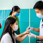 성병 예방 백신 종류와 효과 - A detailed and informative medical illustration showing a diverse group of Vietnamese adolescents ag...