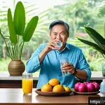 요로결석 재발 방지를 위한 예방 방법 - A vibrant, health-focused Vietnamese family kitchen scene featuring a middle-aged man drinking a lar...