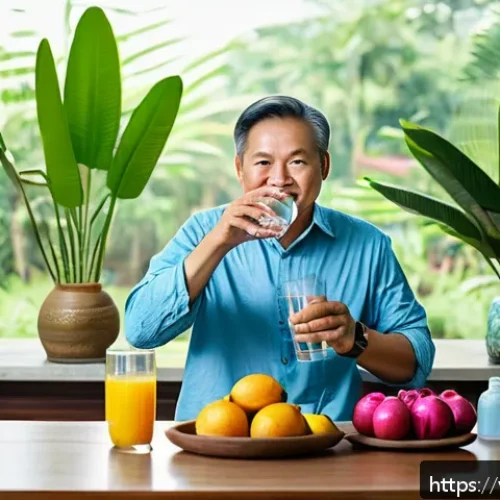 요로결석 재발 방지를 위한 예방 방법 - A vibrant, health-focused Vietnamese family kitchen scene featuring a middle-aged man drinking a lar...