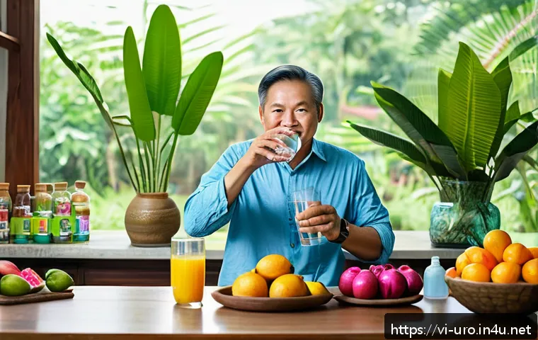 요로결석 재발 방지를 위한 예방 방법 - A vibrant, health-focused Vietnamese family kitchen scene featuring a middle-aged man drinking a lar...