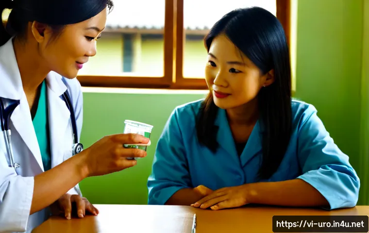 Home 17 소변 검사로 알 수 있는 질환 - Photorealistic Vietnamese medical clinic scene, a friendly female doctor in a white coat reviewing a...