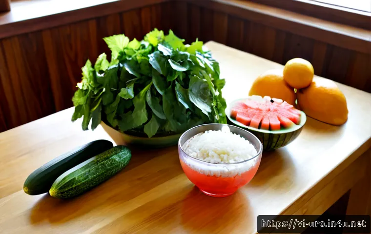 Home 17 신장결석 완화를 위한 식단 - Photorealistic Vietnamese kidney stone relief diet scene, clean wooden kitchen table with a large cl...