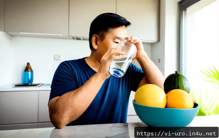 Home 17 남성 요로감염 예방을 위한 생활 팁 - Photorealistic Vietnamese middle-aged man in a bright, tidy modern home kitchen, calmly drinking a l...